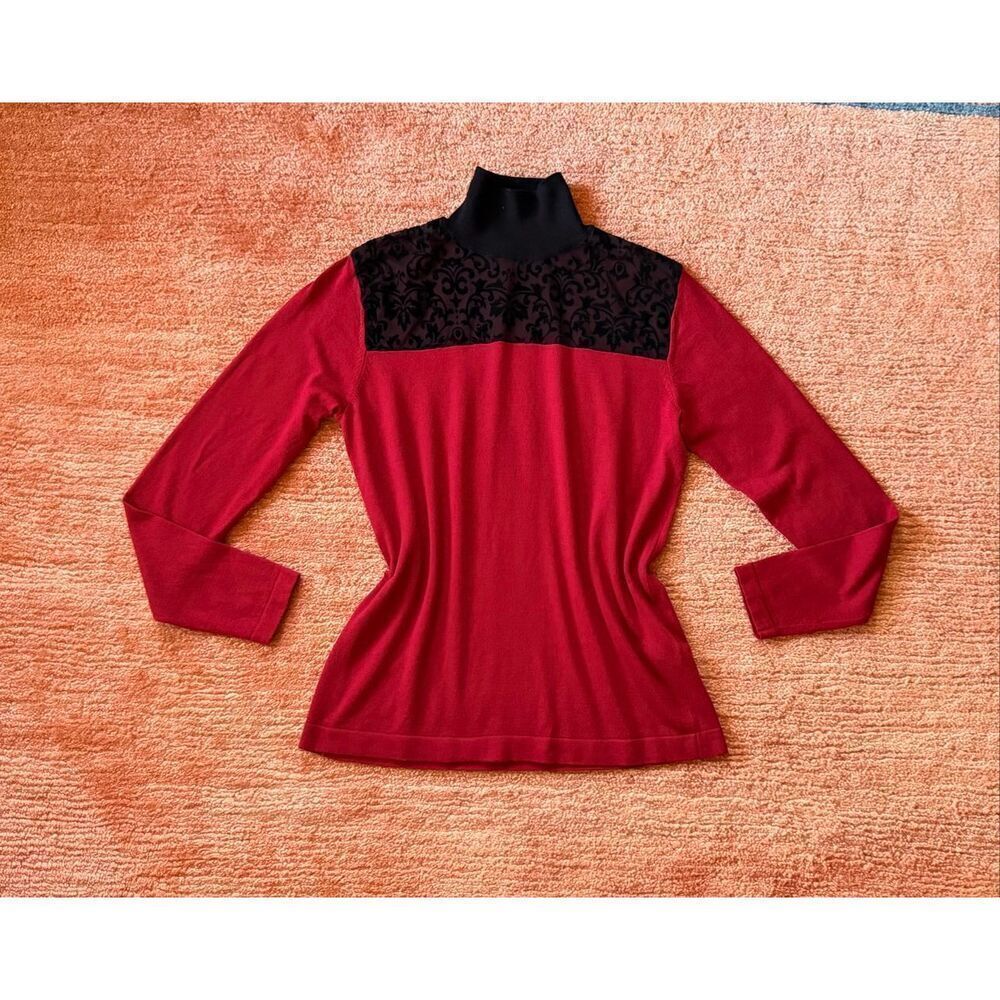 August Silk Heritage Sweater Red Black Velvet Mesh Mock Neck M